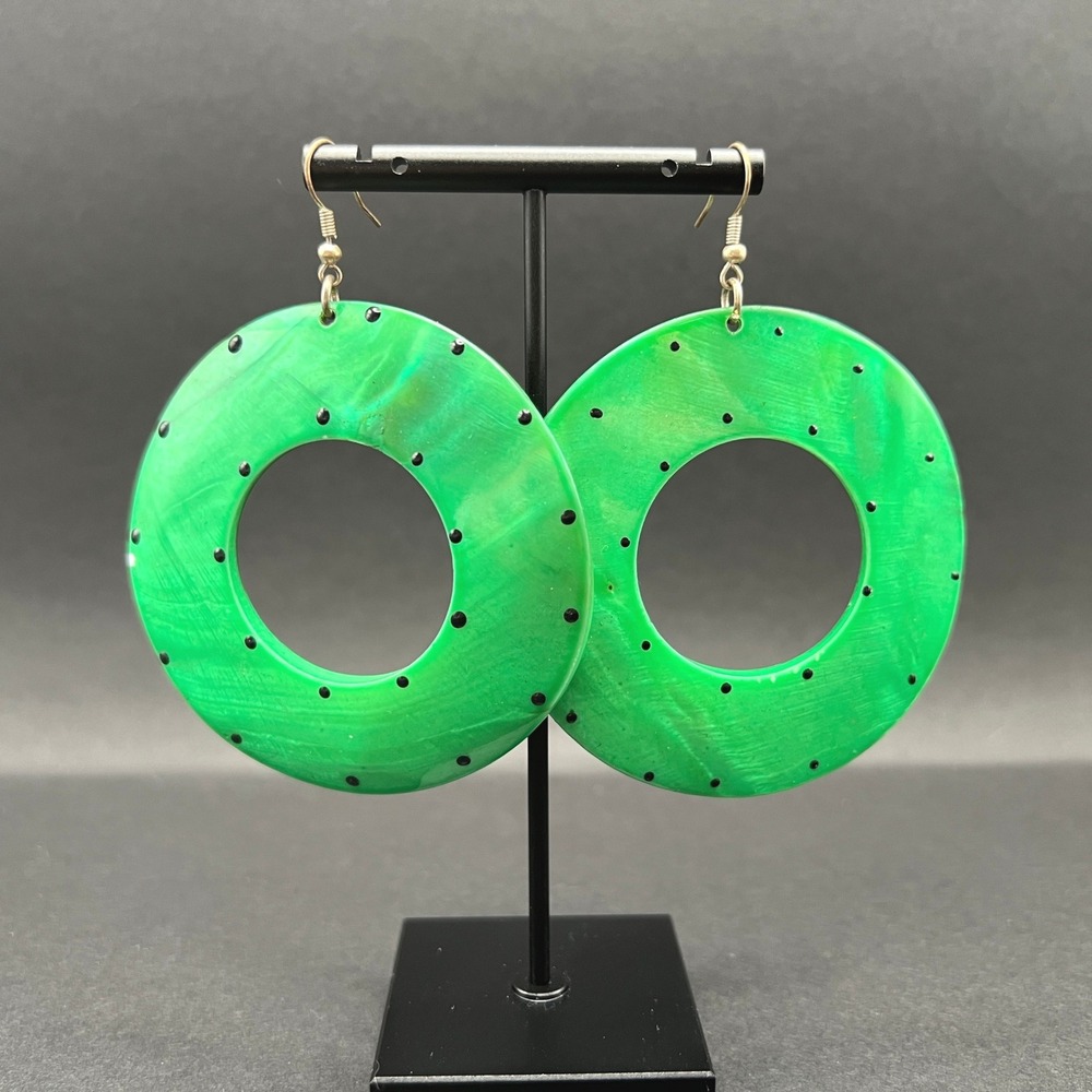 Mother of Pearl Shell Hoop Earrings Bright Green Polka Dot Dopamine Retro Summer